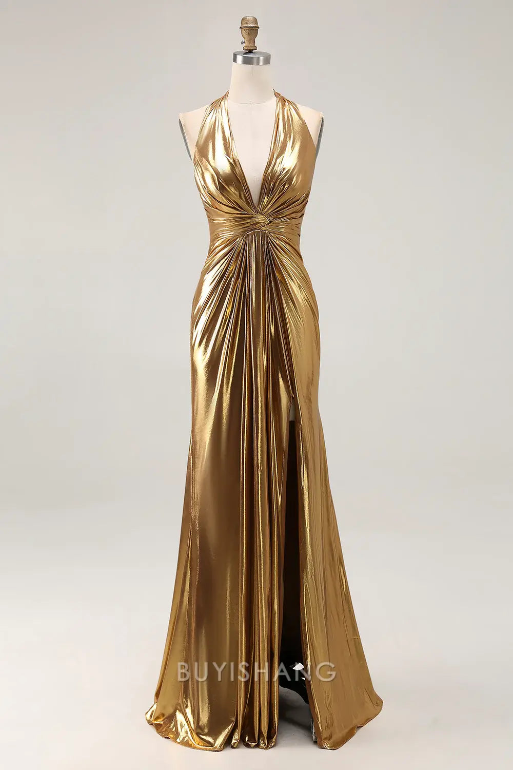 Elegant Sparkly Gold Halter Metallic Ruched Knot-Detail Long Formal Dress with Slit ﻿ Prom Dress