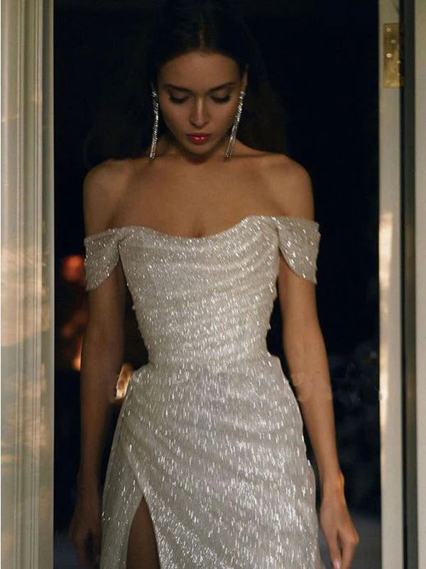 Buyishang Elegant Sparkly Ivory Mermaid Off Shoulder High Slit Cheap Long Prom Dresses