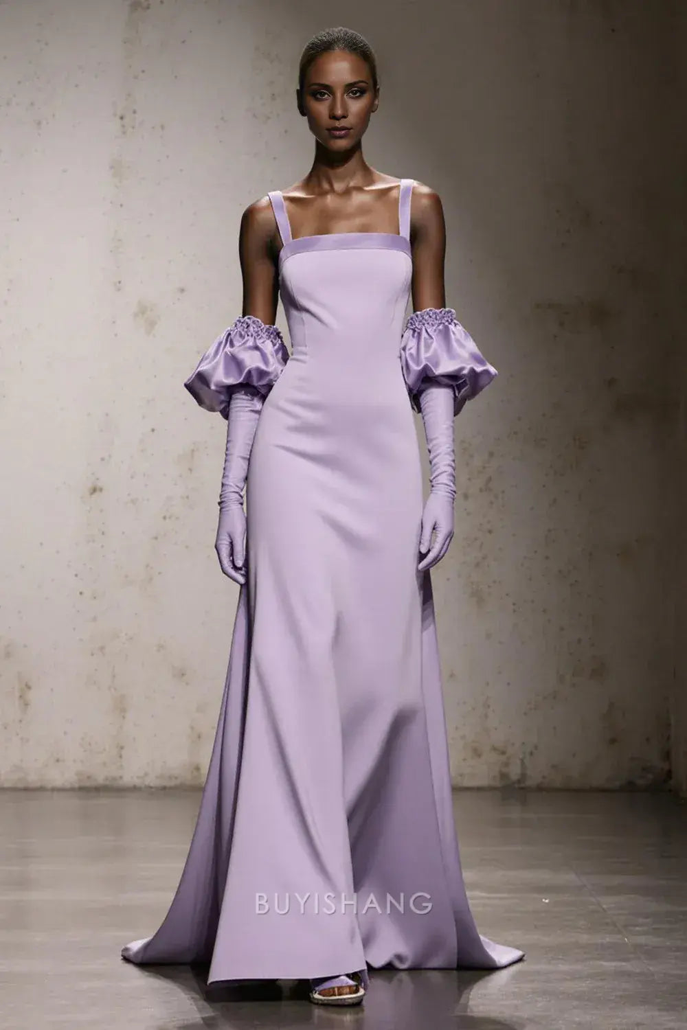 Elegant Square-Strap Puff-Sleeve Open-Back Satin Floor-Length Maxi Dress Prom Dress