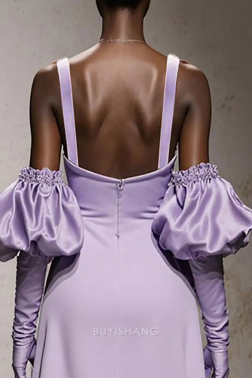 Elegant Square-Strap Puff-Sleeve Open-Back Satin Floor-Length Maxi Dress Prom Dress