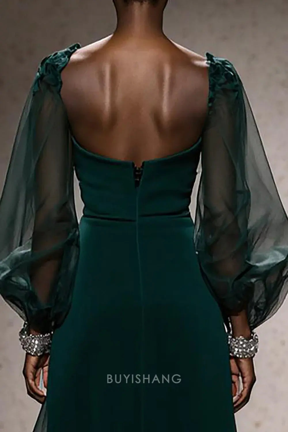 Elegant Square Neck Sheer Puff Sleeve Mermaid Maxi Dress with Train Prom Dress
