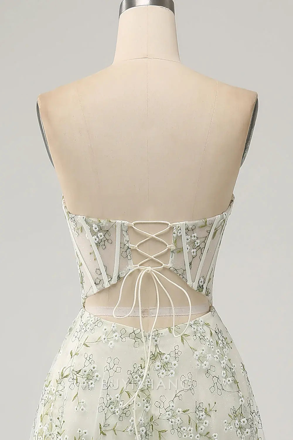 Elegant Strapless Floral Embroidered High Slit Lace-Up Back Tulle Ball Gown Maxi Dress Prom Dress