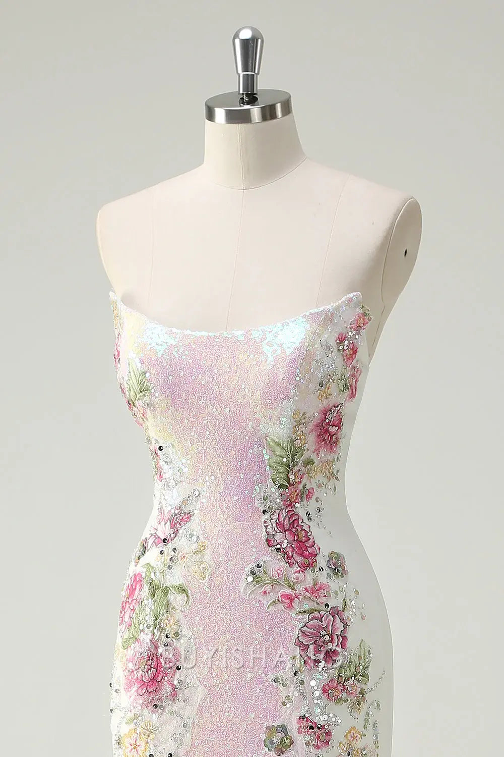 Elegant Strapless Floral Sequin Embroidered Mermaid Floor-Length Maxi Dress Prom Dress