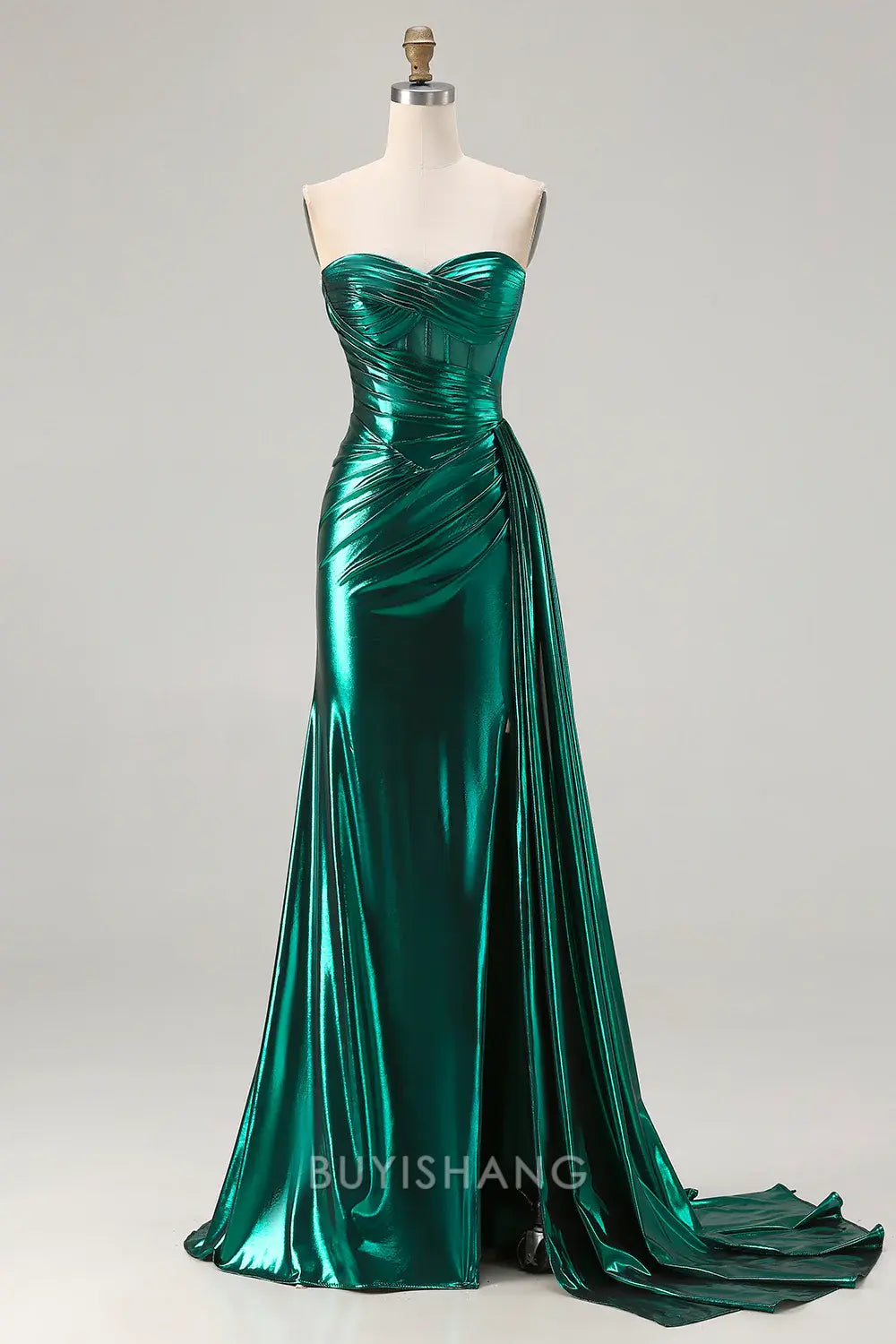 Elegant Strapless Metallic Ruched High Slit Mermaid Maxi Dress Prom Dress