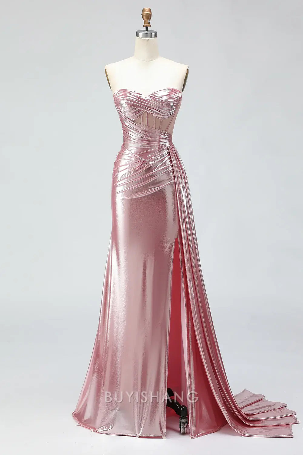 Elegant Strapless Metallic Ruched High Slit Mermaid Maxi Dress Prom Dress