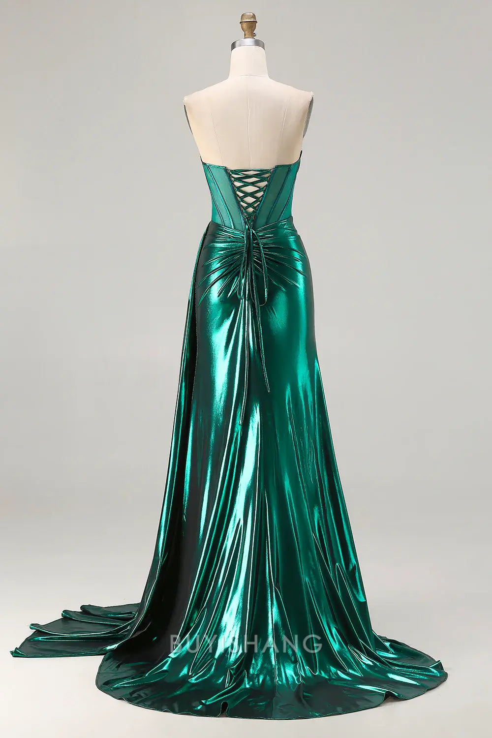 Elegant Strapless Metallic Ruched High Slit Mermaid Maxi Dress Prom Dress
