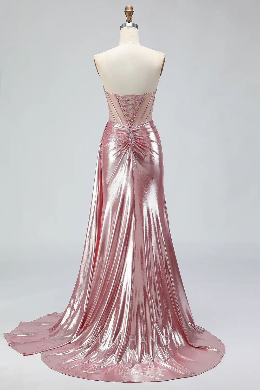 Elegant Strapless Metallic Ruched High Slit Mermaid Maxi Dress Prom Dress