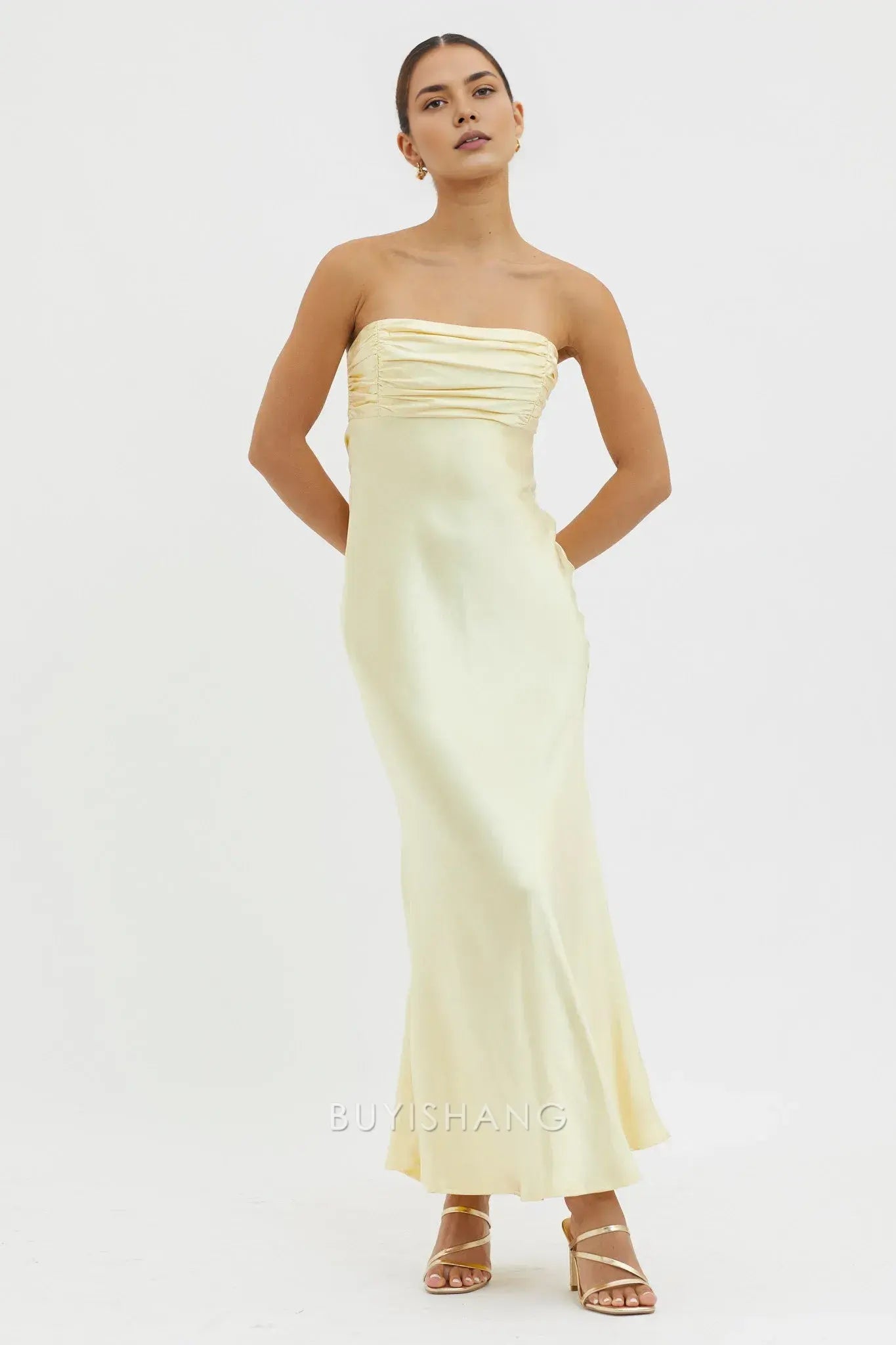 Elegant Strapless Ruched Satin Maxi Dress with Back Cut - Out and Lace - Up Detail prom dress