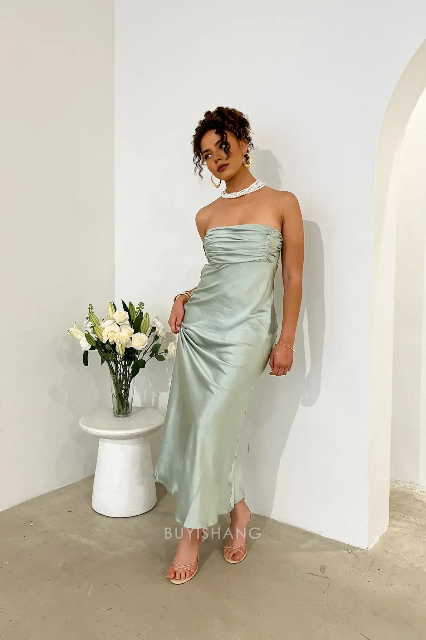 Elegant Strapless Ruched Satin Maxi Dress with Back Cut - Out and Lace - Up Detail prom dress