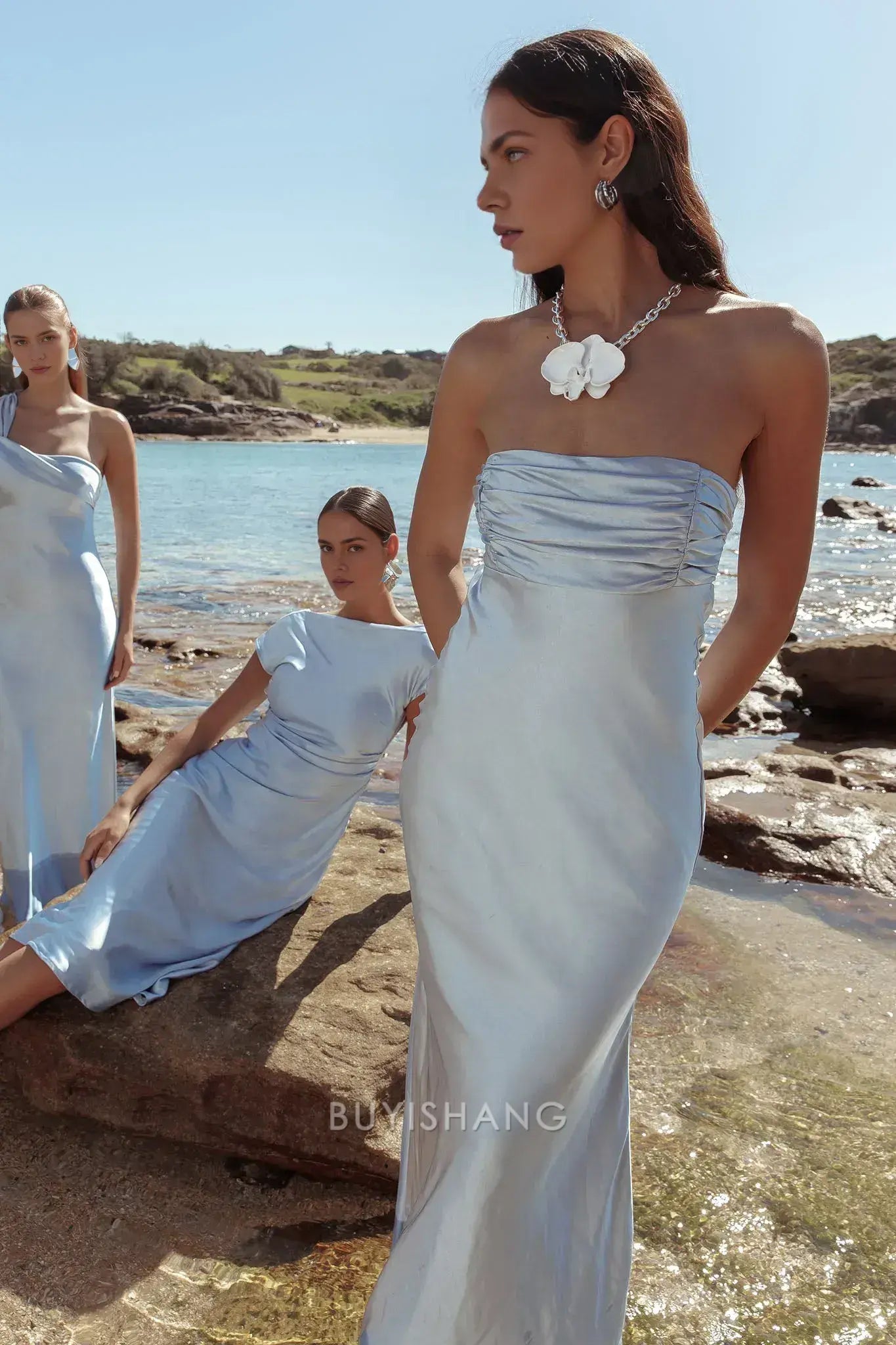 Elegant Strapless Ruched Satin Maxi Dress with Back Cut - Out and Lace - Up Detail prom dress