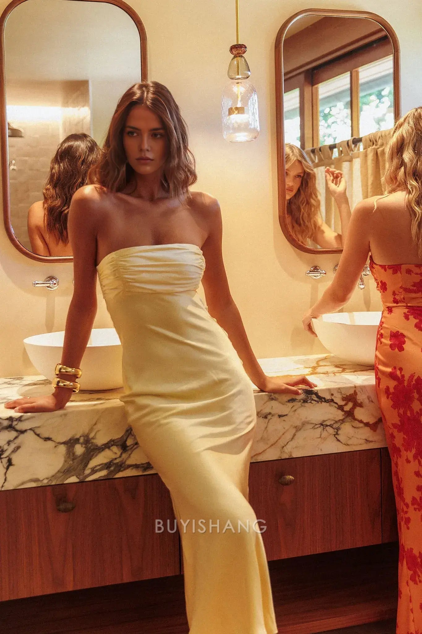 Elegant Strapless Ruched Satin Maxi Dress with Back Cut - Out and Lace - Up Detail prom dress