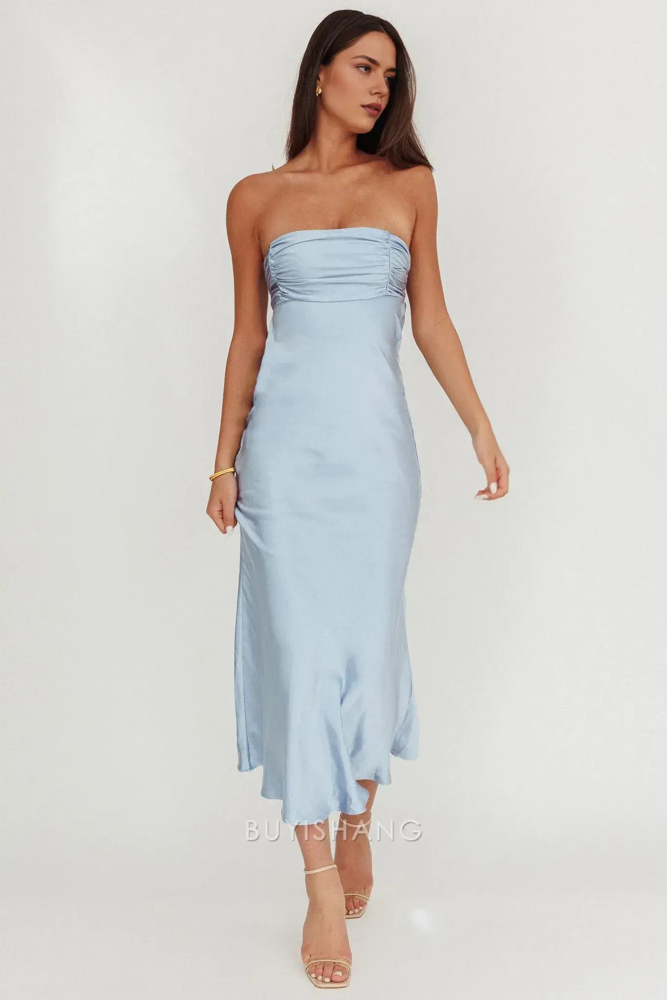 Elegant Strapless Ruched Satin Maxi Dress with Back Cut - Out and Lace - Up Detail prom dress