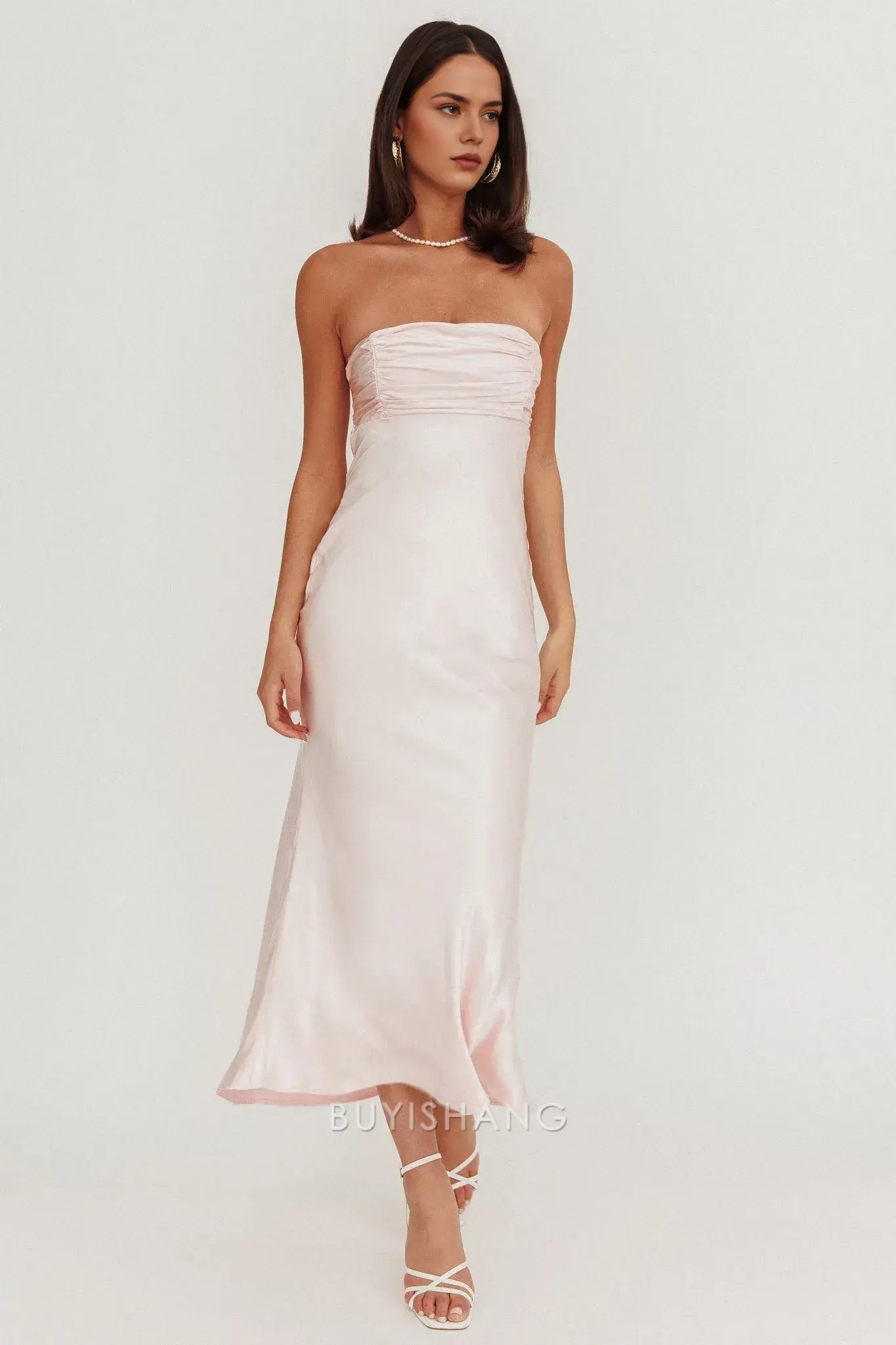 Elegant Strapless Ruched Satin Maxi Dress with Back Cut - Out and Lace - Up Detail prom dress