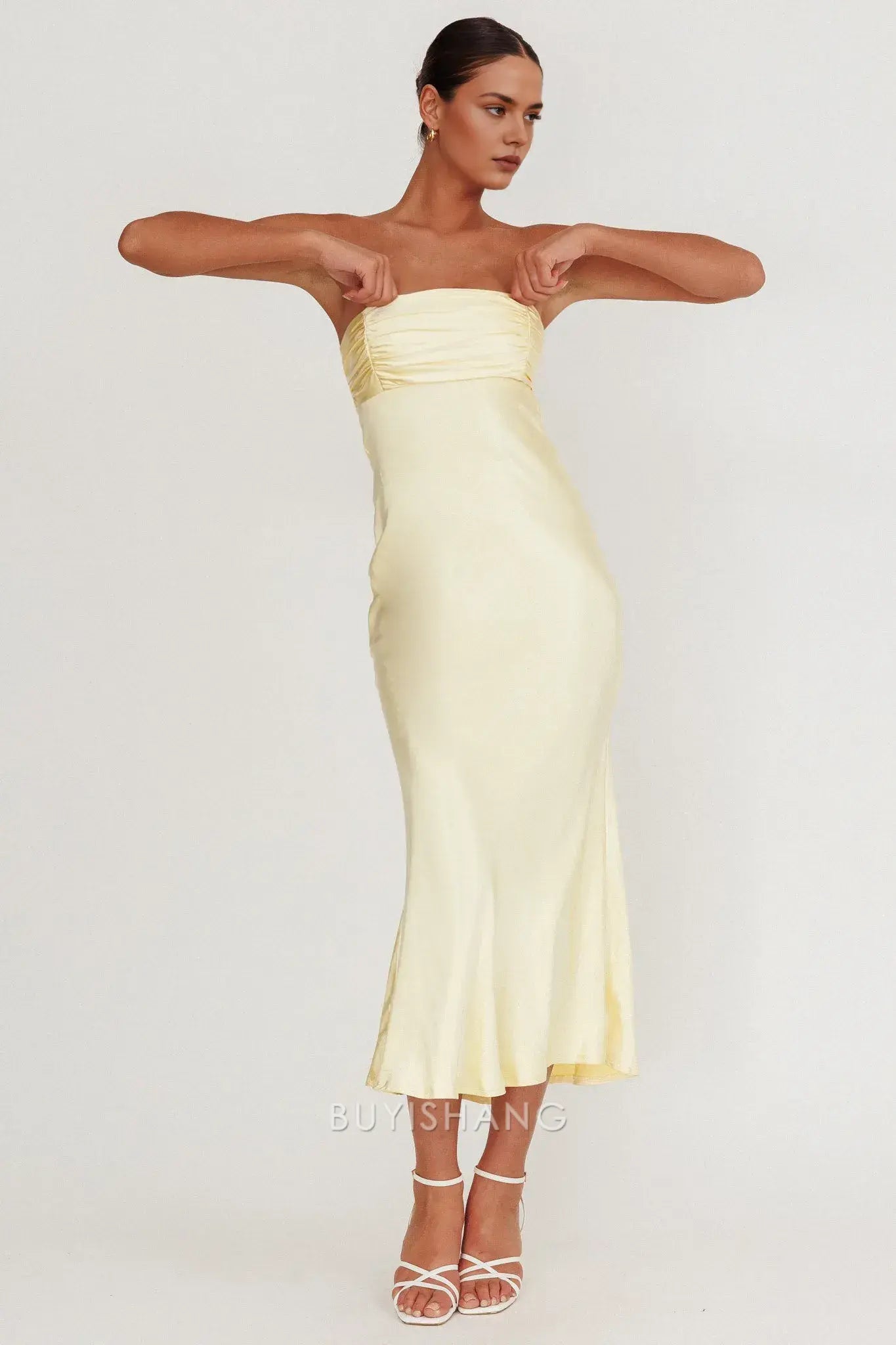 Elegant Strapless Ruched Satin Maxi Dress with Back Cut - Out and Lace - Up Detail prom dress