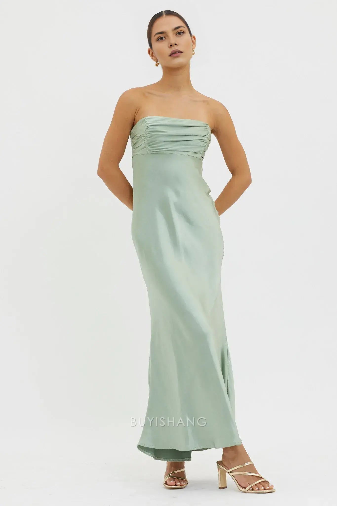 Elegant Strapless Ruched Satin Maxi Dress with Back Cut - Out and Lace - Up Detail prom dress