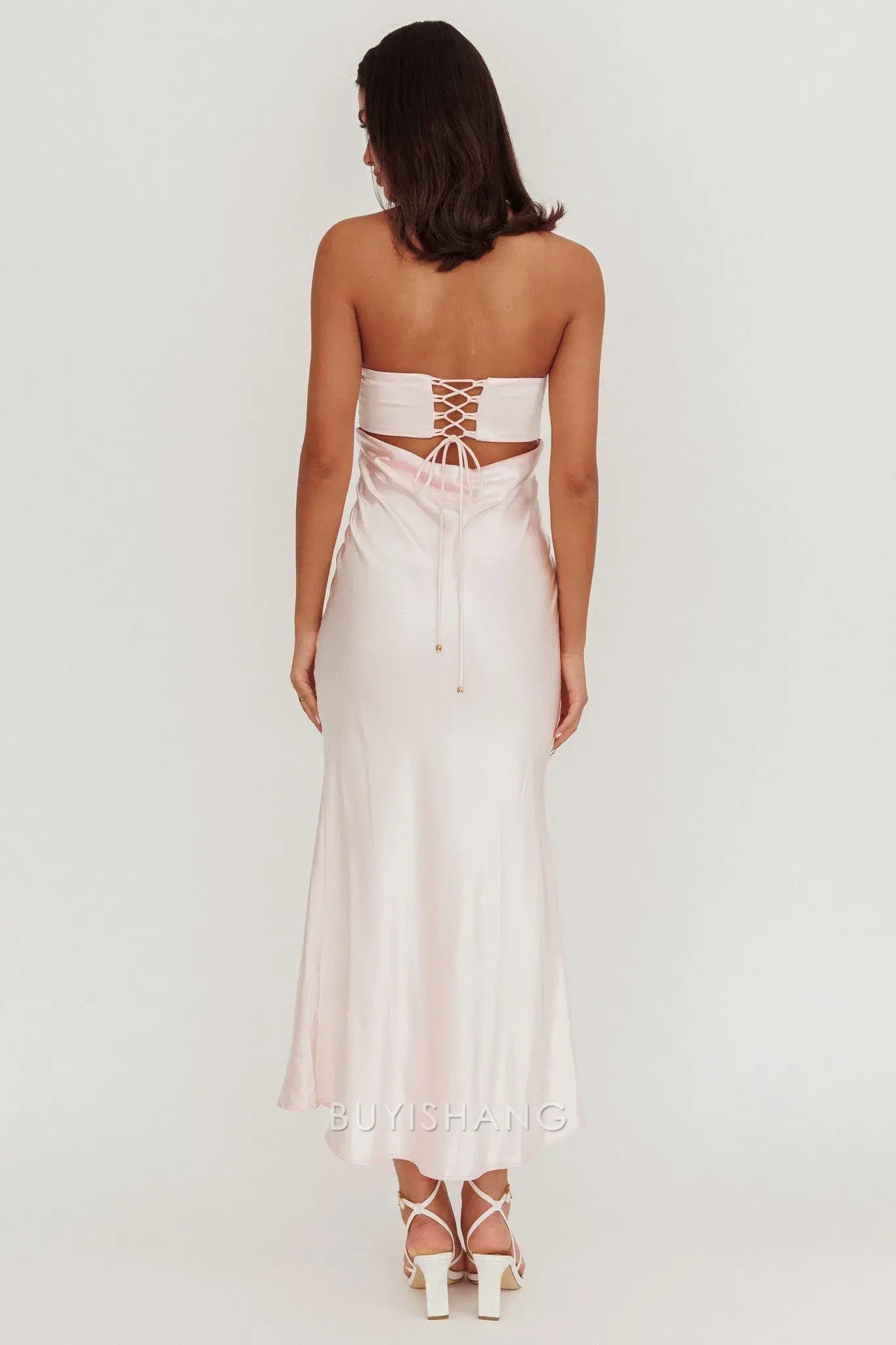 Elegant Strapless Ruched Satin Maxi Dress with Back Cut - Out and Lace - Up Detail prom dress