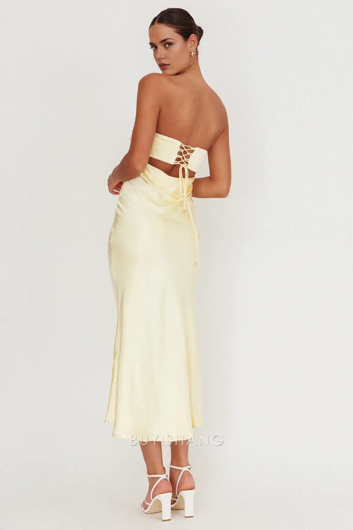 Elegant Strapless Ruched Satin Maxi Dress with Back Cut - Out and Lace - Up Detail prom dress