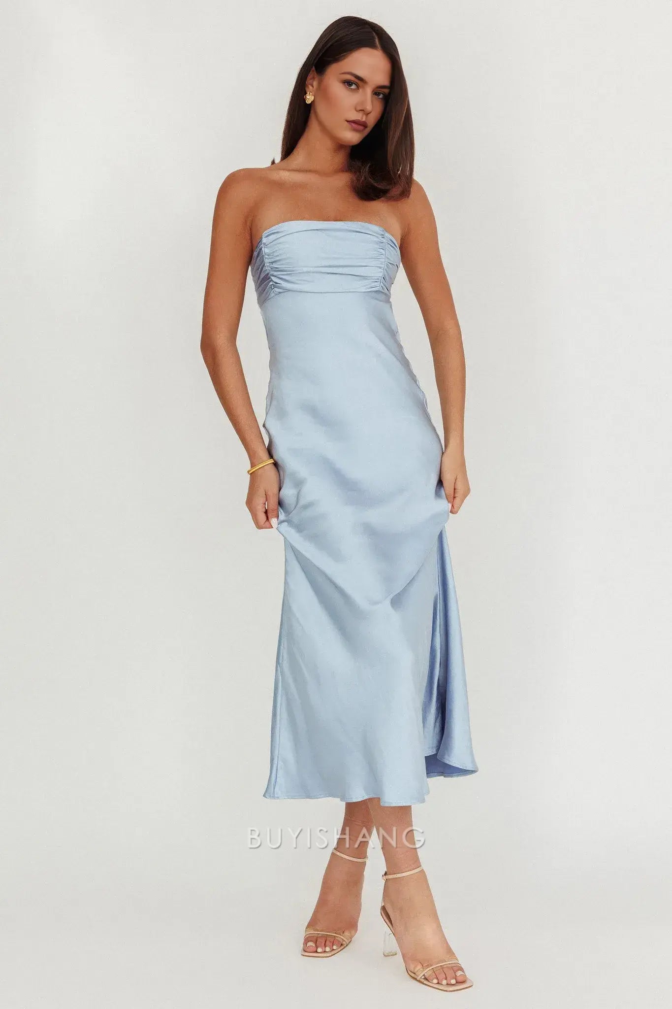 Elegant Strapless Ruched Satin Maxi Dress with Back Cut - Out and Lace - Up Detail prom dress