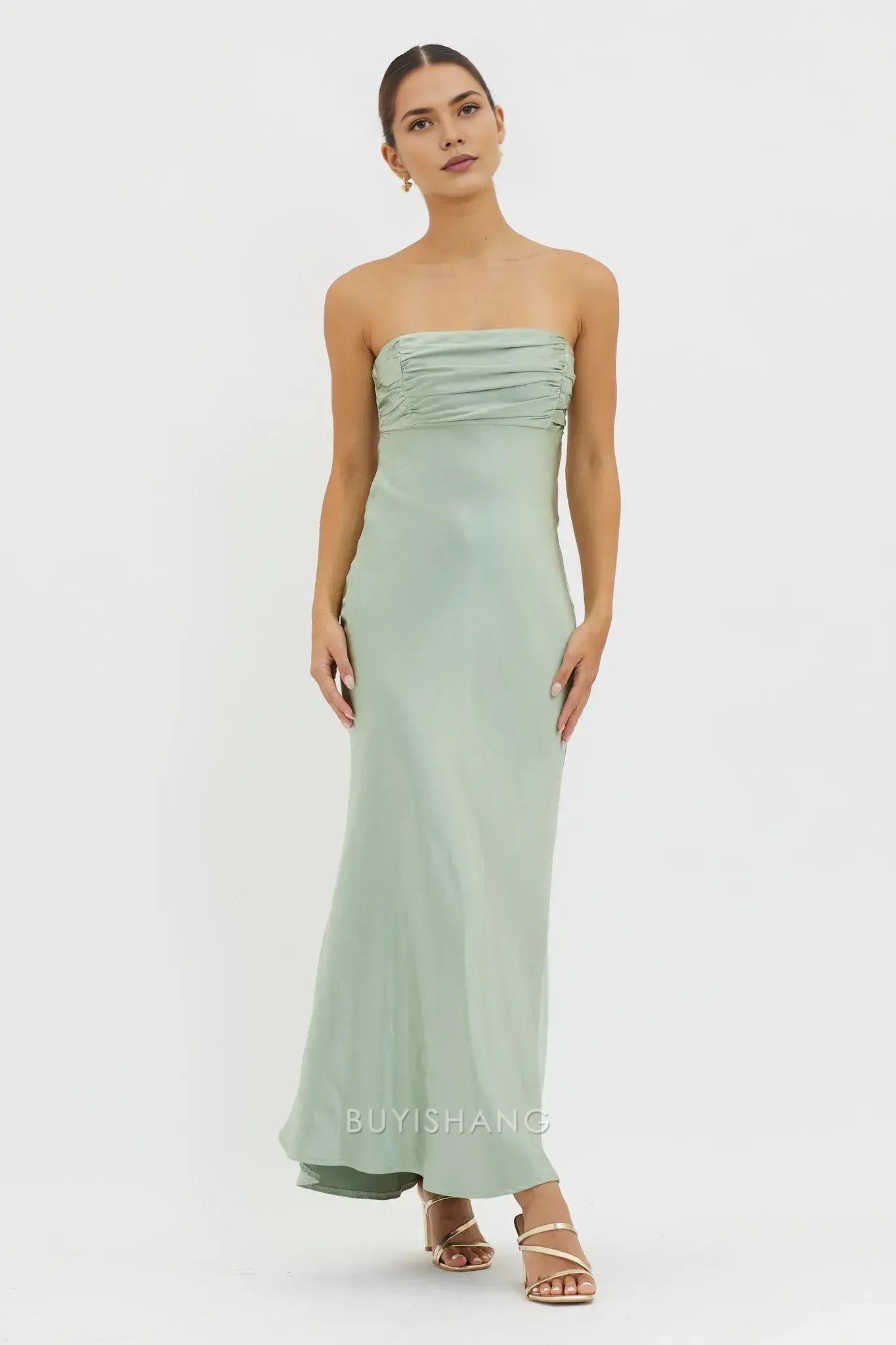 Elegant Strapless Ruched Satin Maxi Dress with Back Cut - Out and Lace - Up Detail prom dress