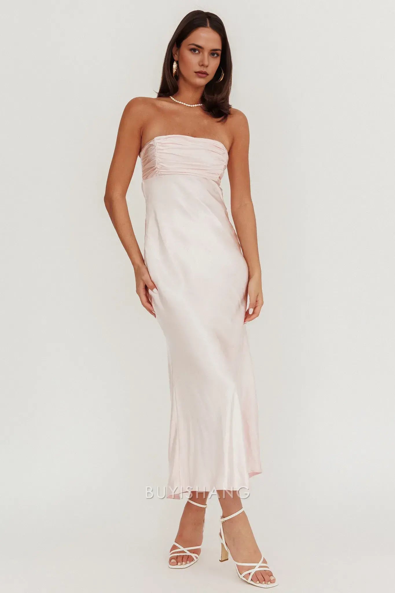 Elegant Strapless Ruched Satin Maxi Dress with Back Cut - Out and Lace - Up Detail prom dress