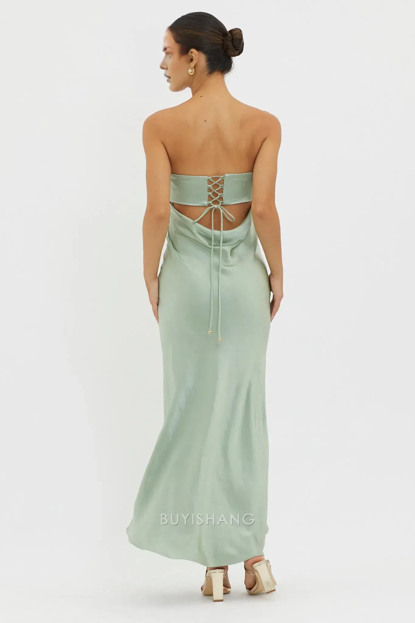 Elegant Strapless Ruched Satin Maxi Dress with Back Cut - Out and Lace - Up Detail prom dress