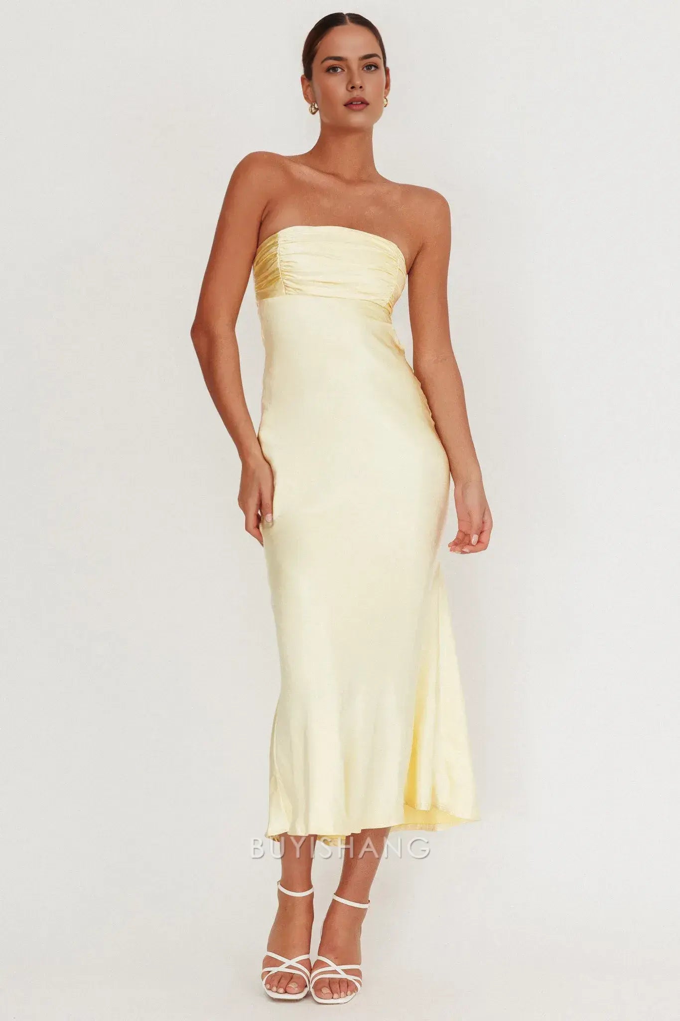 Elegant Strapless Ruched Satin Maxi Dress with Back Cut - Out and Lace - Up Detail prom dress