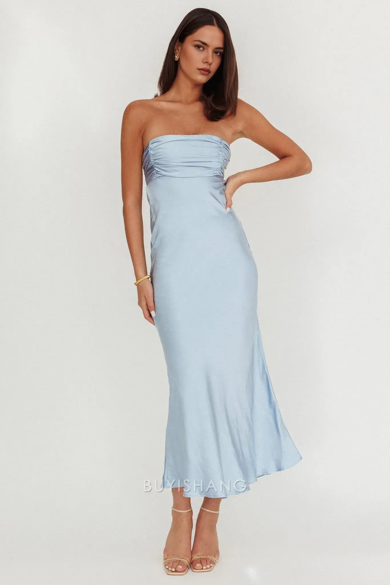 Elegant Strapless Ruched Satin Maxi Dress with Back Cut - Out and Lace - Up Detail prom dress