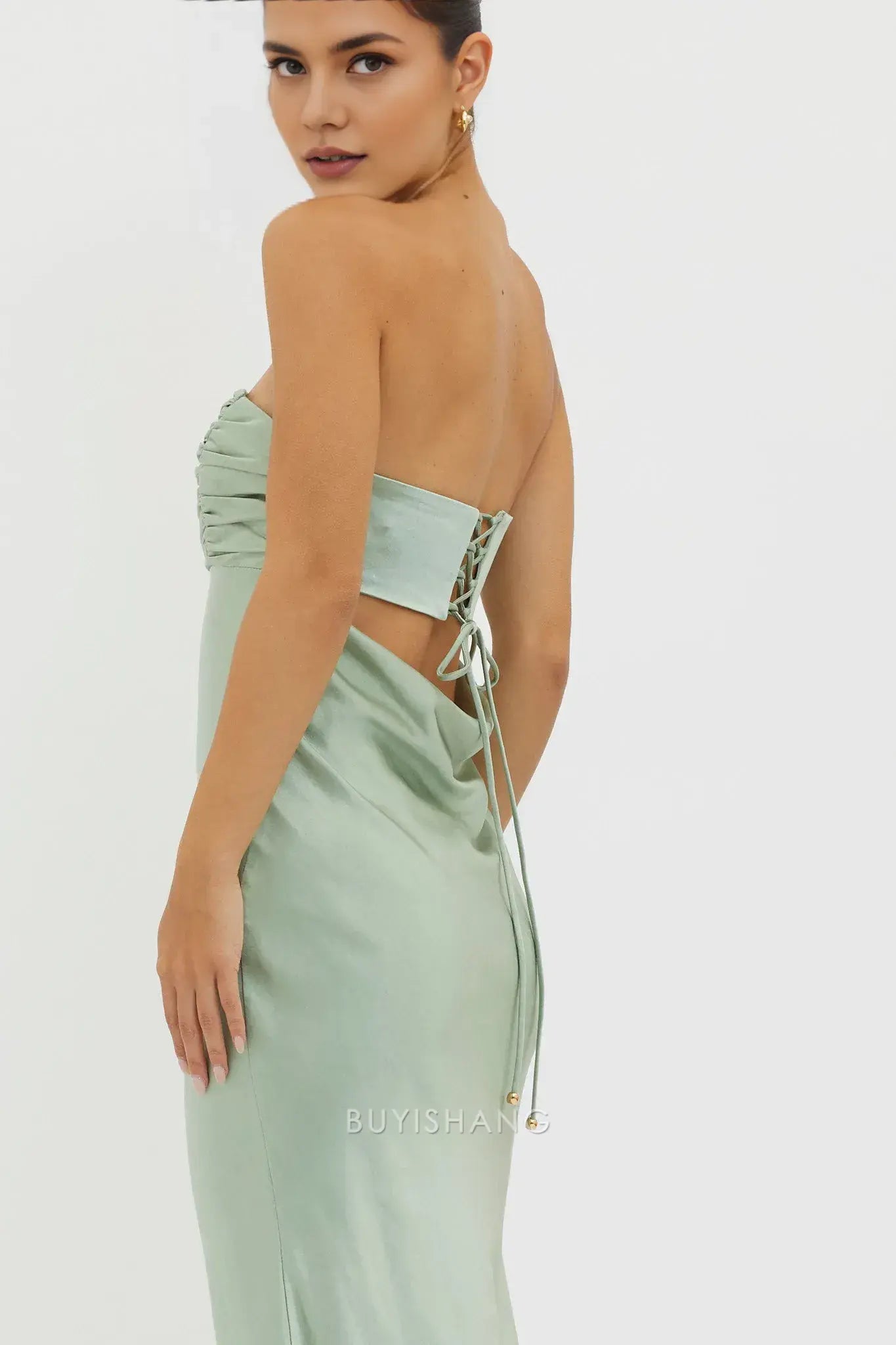 Elegant Strapless Ruched Satin Maxi Dress with Back Cut - Out and Lace - Up Detail prom dress