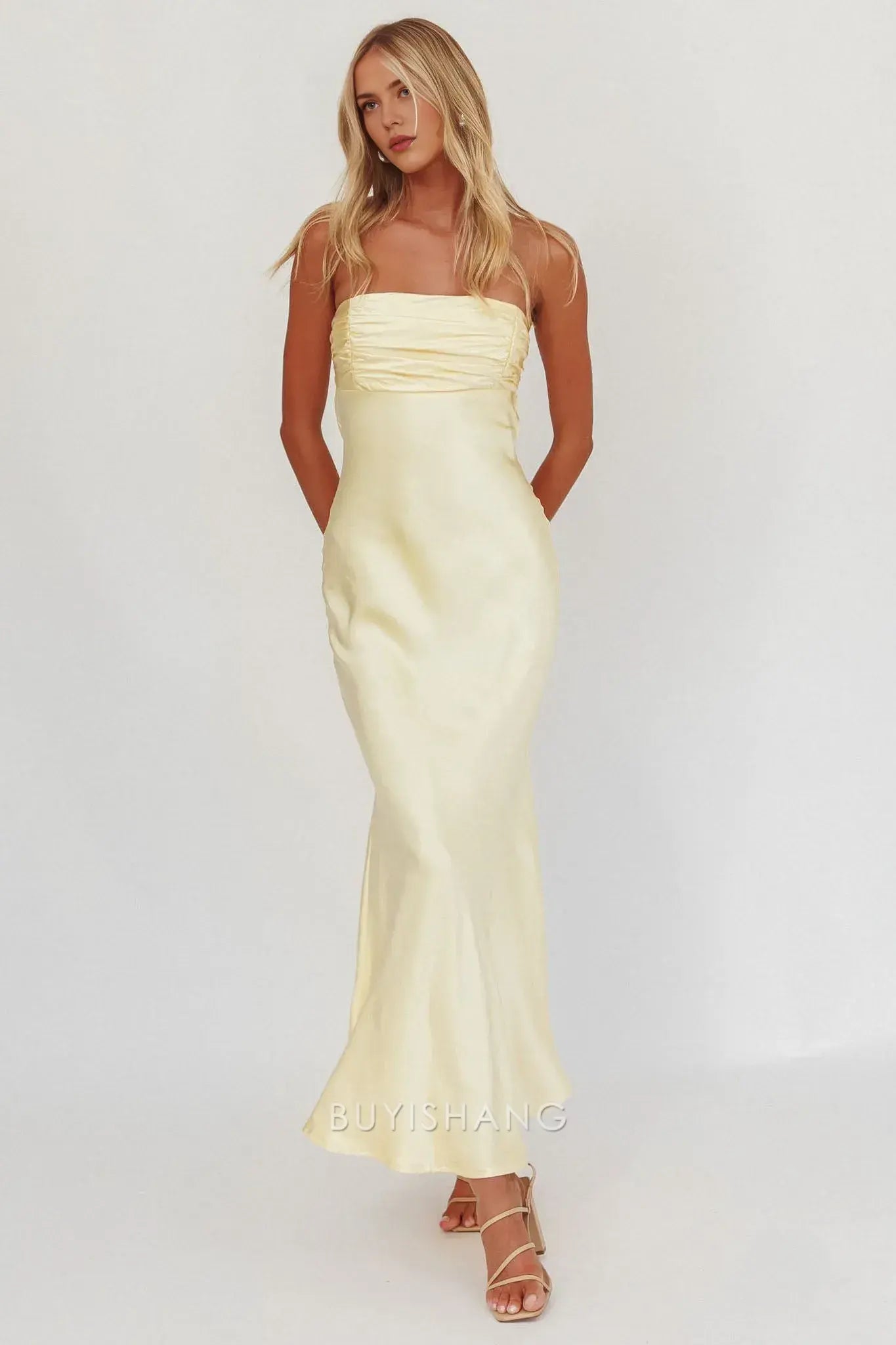 Elegant Strapless Ruched Satin Maxi Dress with Back Cut - Out and Lace - Up Detail prom dress