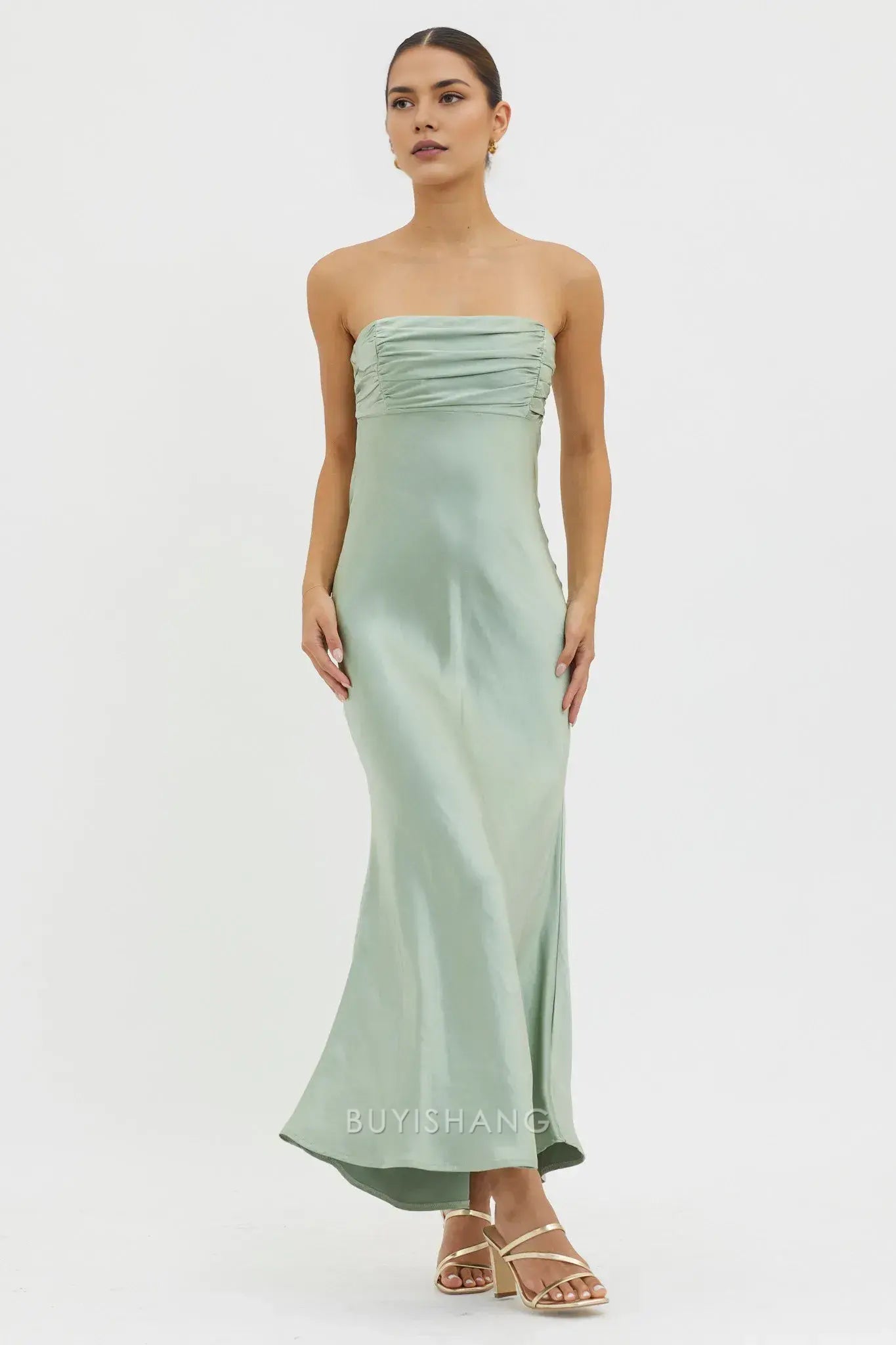 Elegant Strapless Ruched Satin Maxi Dress with Back Cut - Out and Lace - Up Detail prom dress