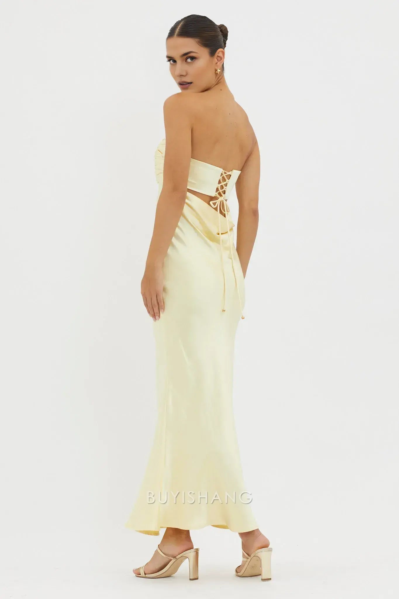 Elegant Strapless Ruched Satin Maxi Dress with Back Cut - Out and Lace - Up Detail prom dress