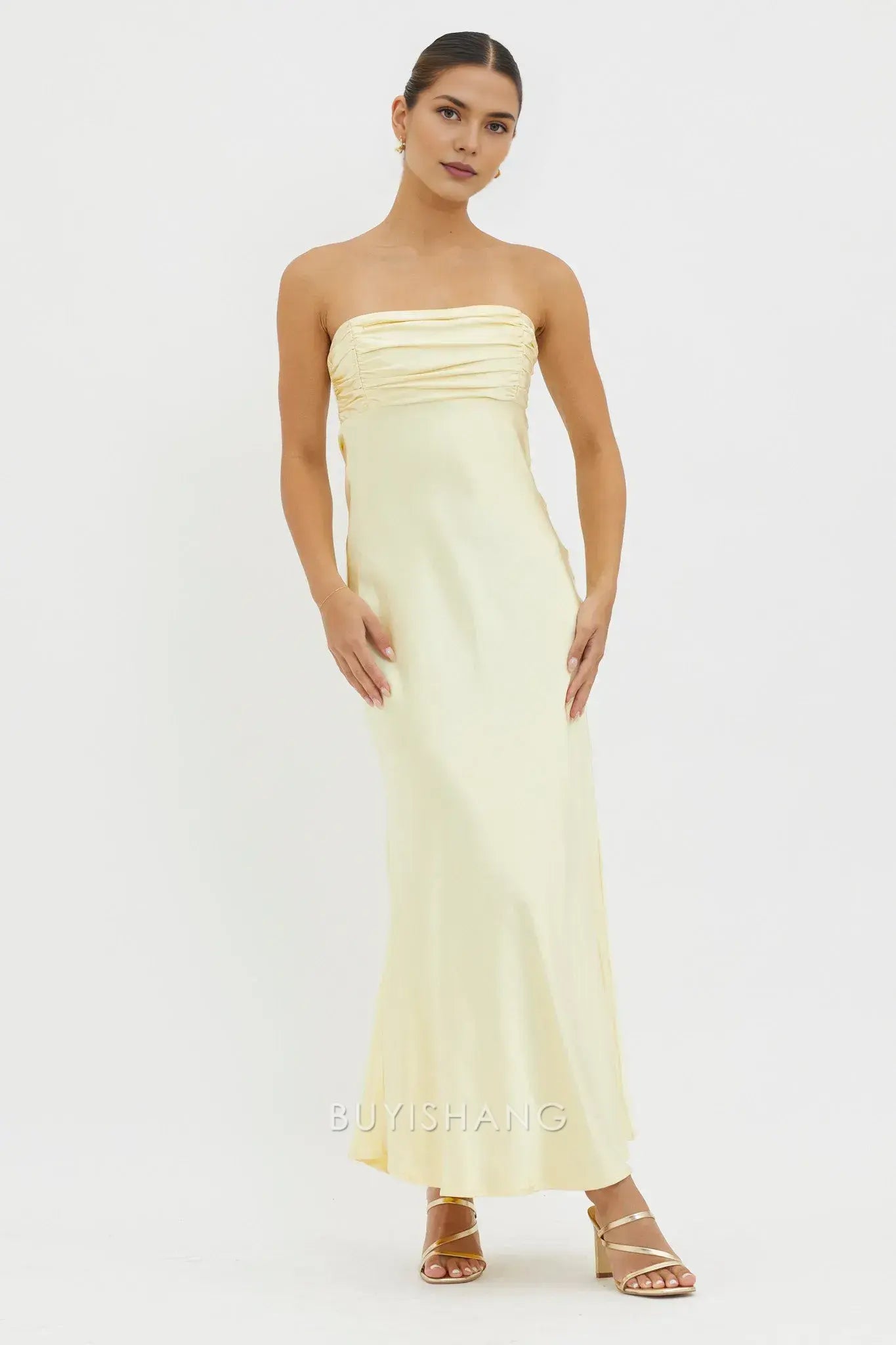 Elegant Strapless Ruched Satin Maxi Dress with Back Cut - Out and Lace - Up Detail prom dress