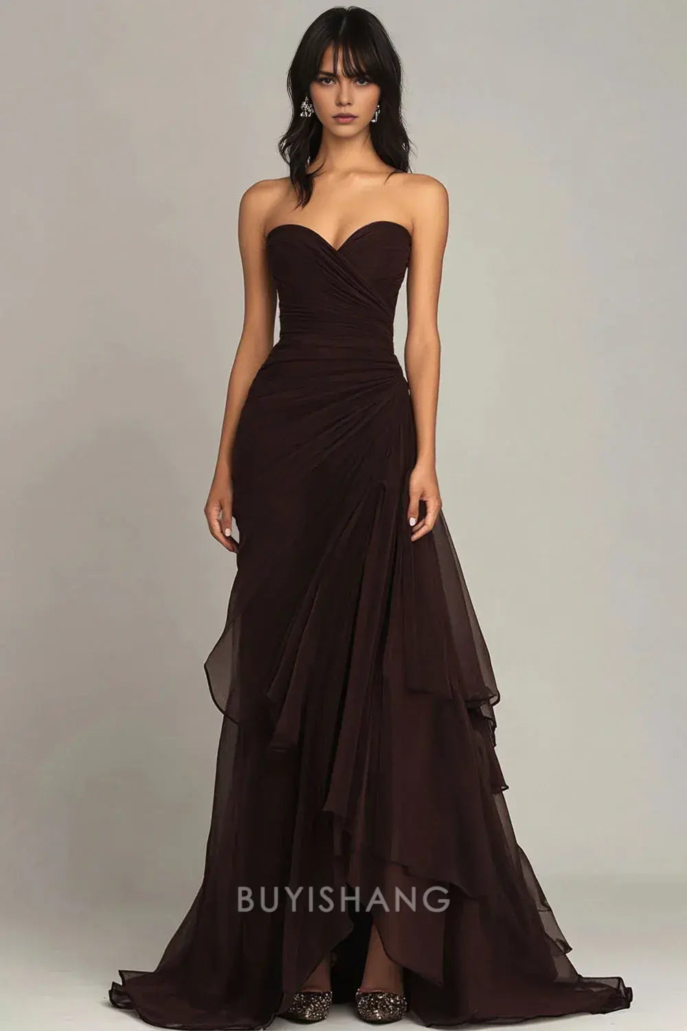 Elegant Strapless Ruched Tiered Chiffon Mermaid Maxi Dress Sweep/Brush Train Prom Dress