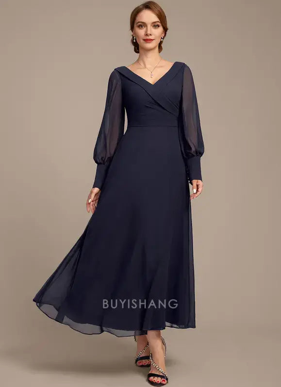 Elegant V-Neck Sheer Lantern Sleeve Ruched Chiffon A-Line Maxi Dress Mother of the Bride Dress