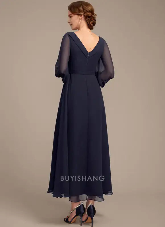 Elegant V-Neck Sheer Lantern Sleeve Ruched Chiffon A-Line Maxi Dress Mother of the Bride Dress
