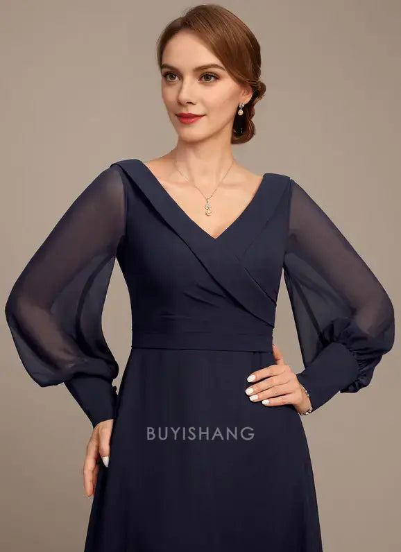 Elegant V-Neck Sheer Lantern Sleeve Ruched Chiffon A-Line Maxi Dress Mother of the Bride Dress