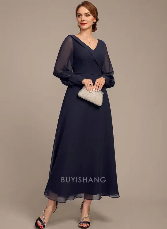 Elegant V-Neck Sheer Lantern Sleeve Ruched Chiffon A-Line Maxi Dress Mother of the Bride Dress