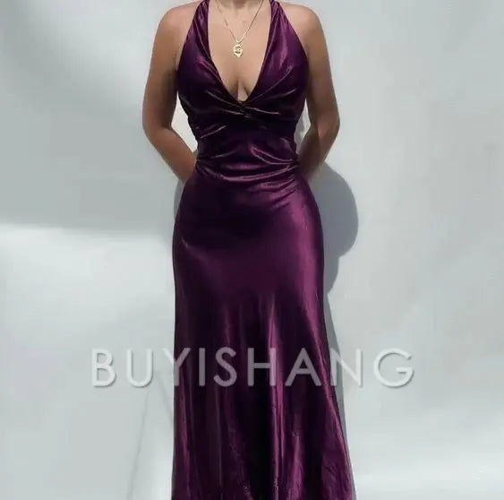 Buyishang Elegant V-neck purple satin and floor length prom dresses evening gown