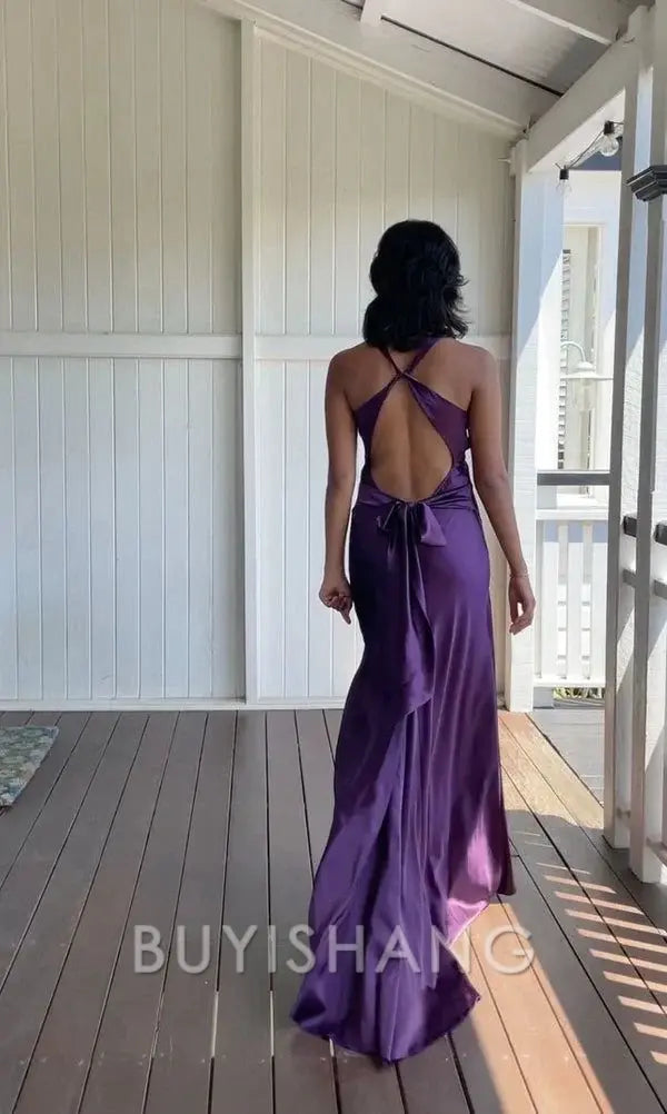 Buyishang Elegant V-neck purple satin and floor length prom dresses evening gown