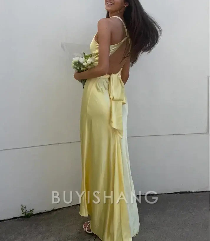 Buyishang Elegant V-neck purple satin and floor length prom dresses evening gown