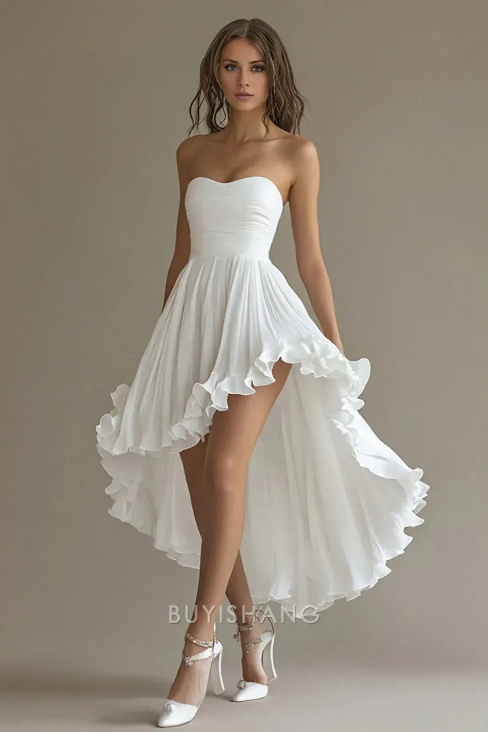 Elegant White Chiffon A Line High-Low Engagement Dress with Ruffles Prom Dress
