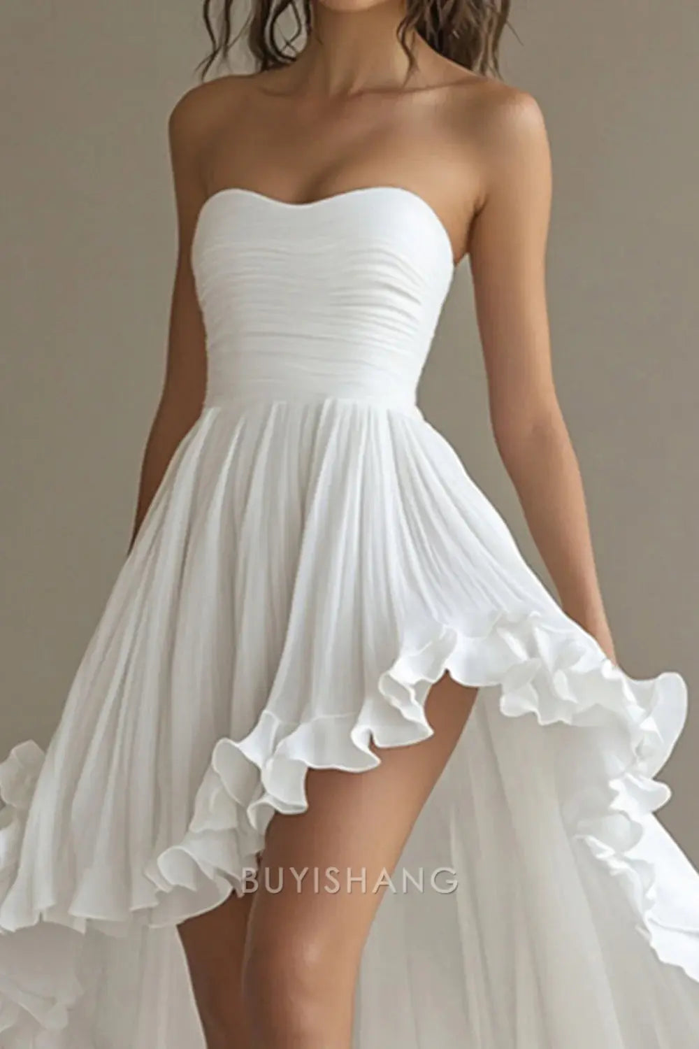 Elegant White Chiffon A Line High-Low Engagement Dress with Ruffles Prom Dress