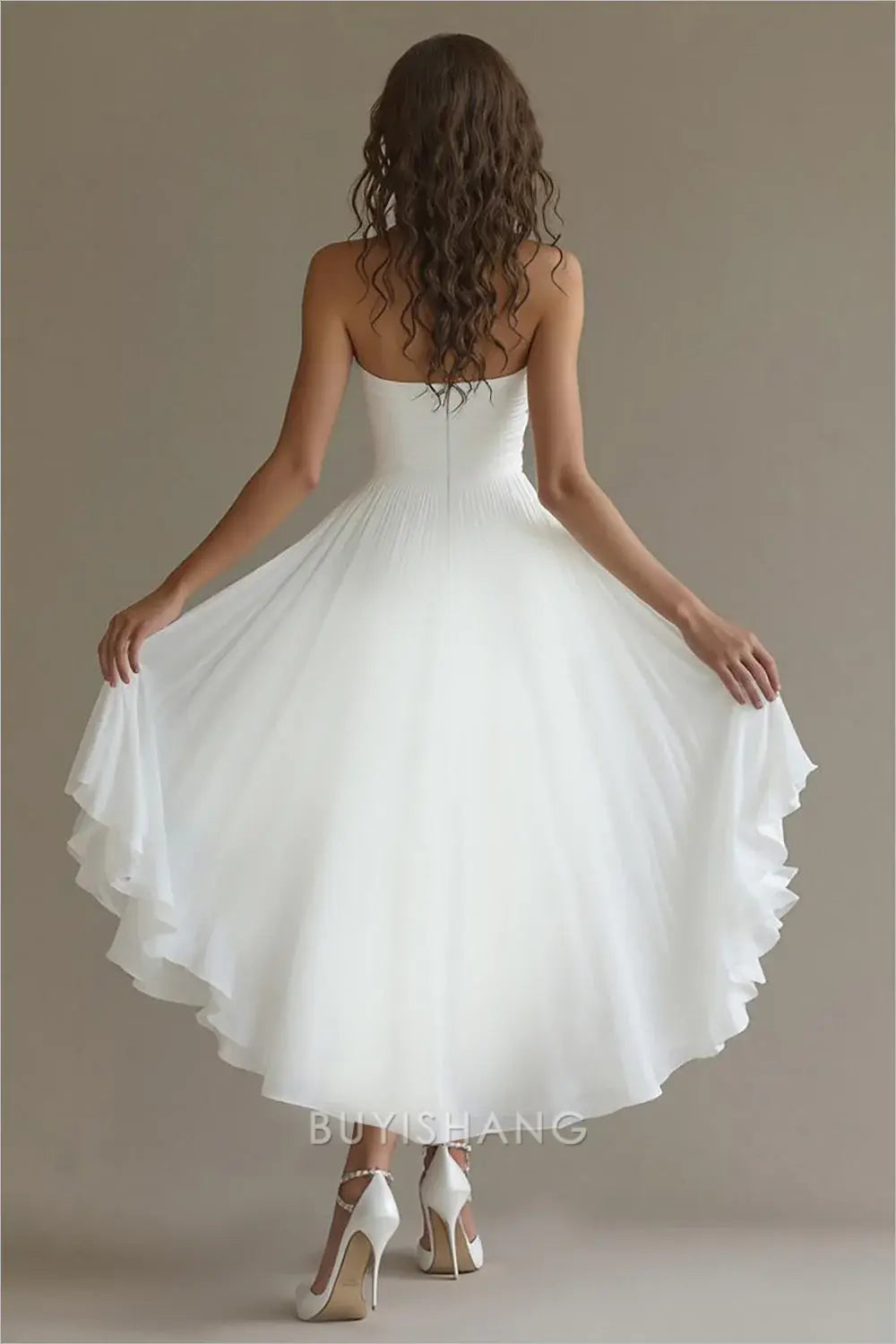 Elegant White Chiffon A Line High-Low Engagement Dress with Ruffles Prom Dress