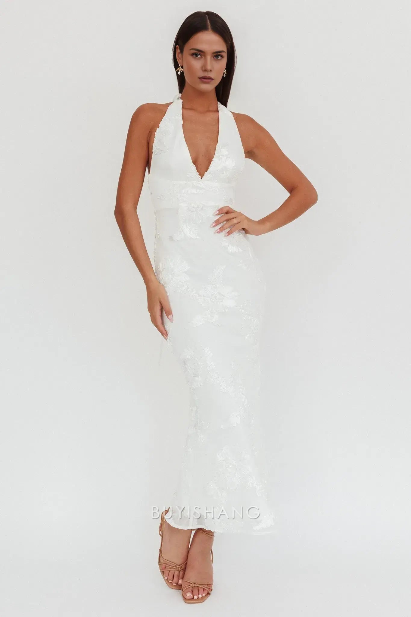 Elegant White Halter Neck Floral Embroidered Maxi Dress prom dress