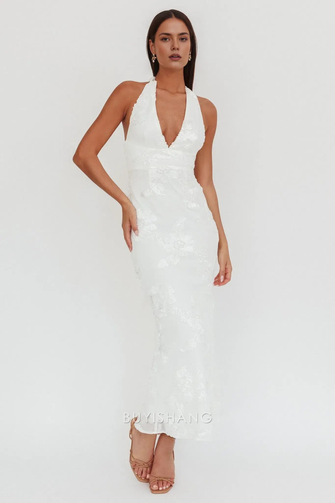 Elegant White Halter Neck Floral Embroidered Maxi Dress prom dress