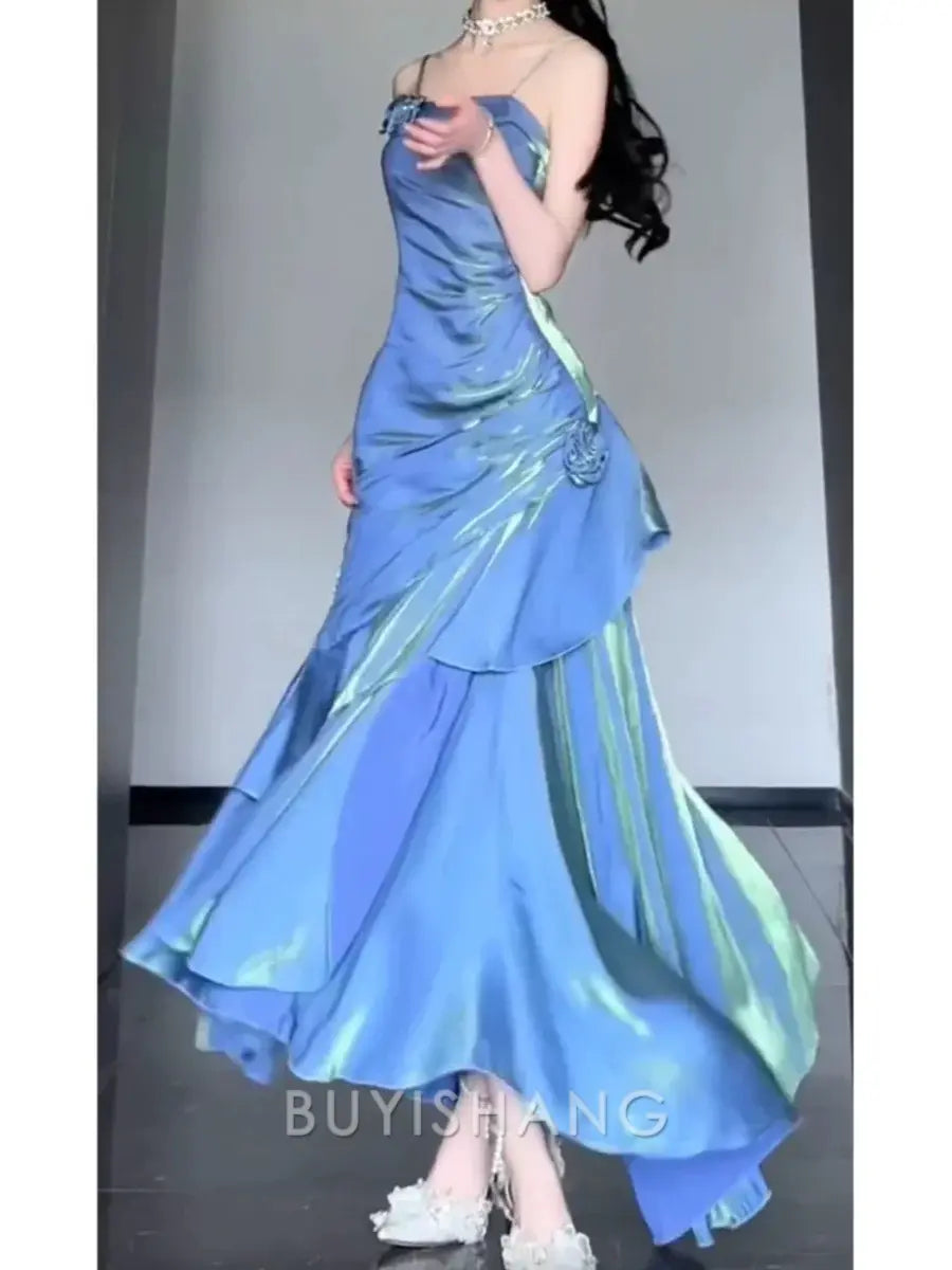Buyishang Elegant BLUE Satin Long Straps Prom Dress BLUE A-line Party Dress
