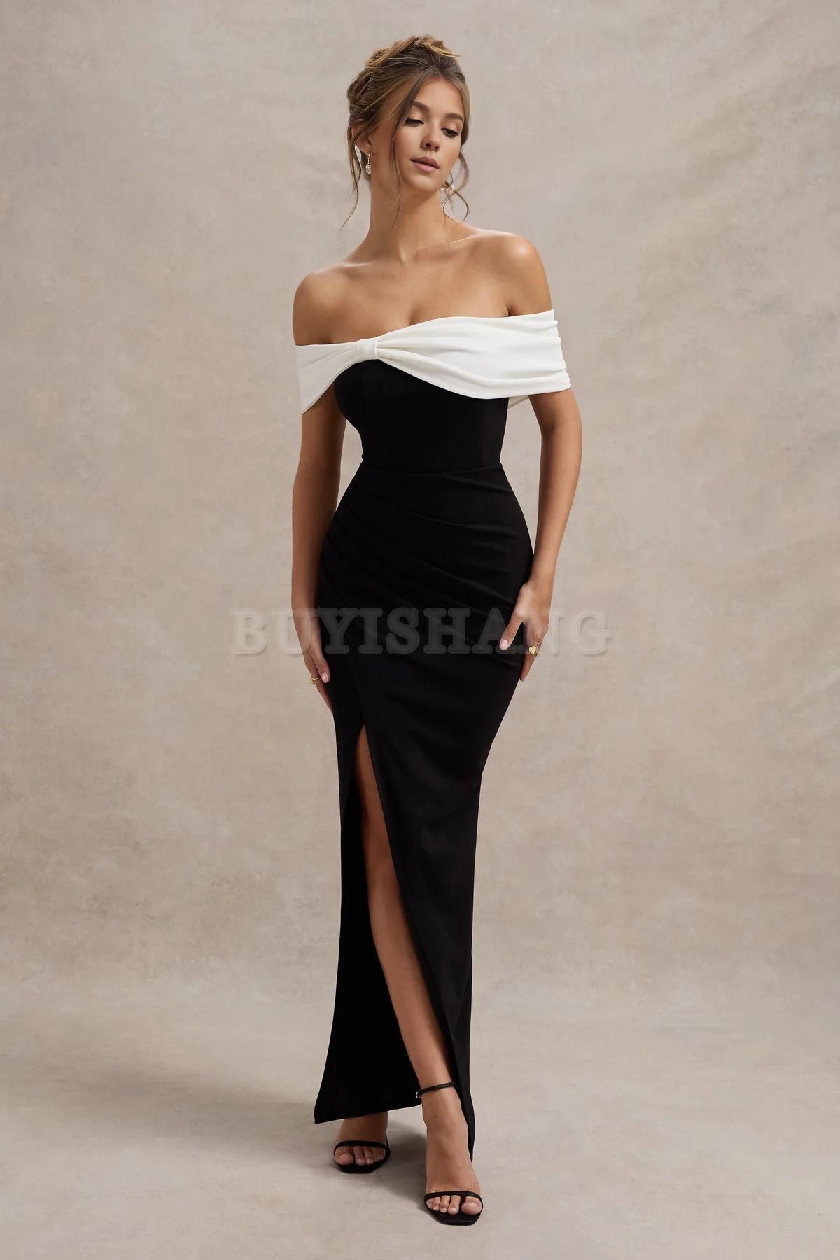 Buyishang Elegant Women Black And White Bardot Bow Detail Maxi Dress With Thigh Split formal wear dresses