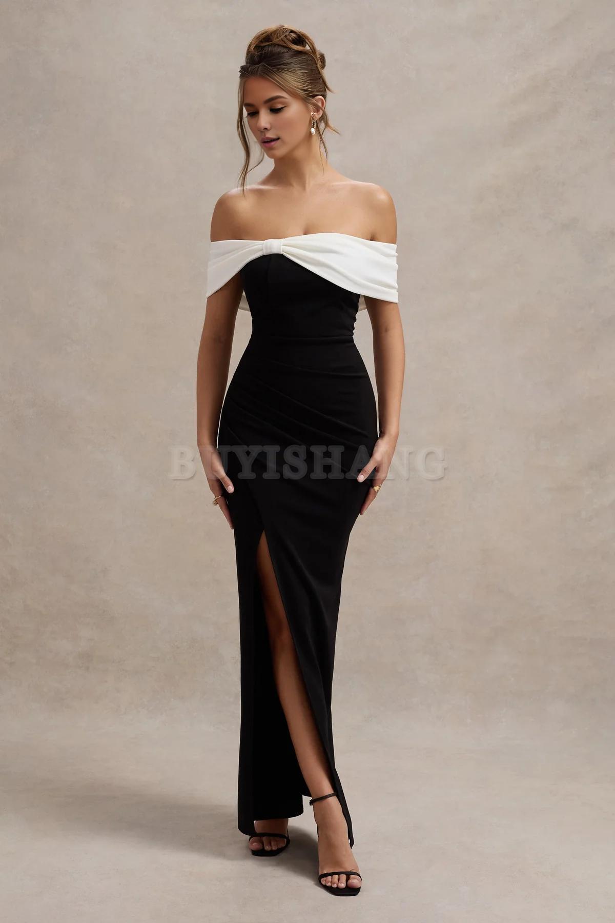 Buyishang Elegant Women Black And White Bardot Bow Detail Maxi Dress With Thigh Split formal wear dresses