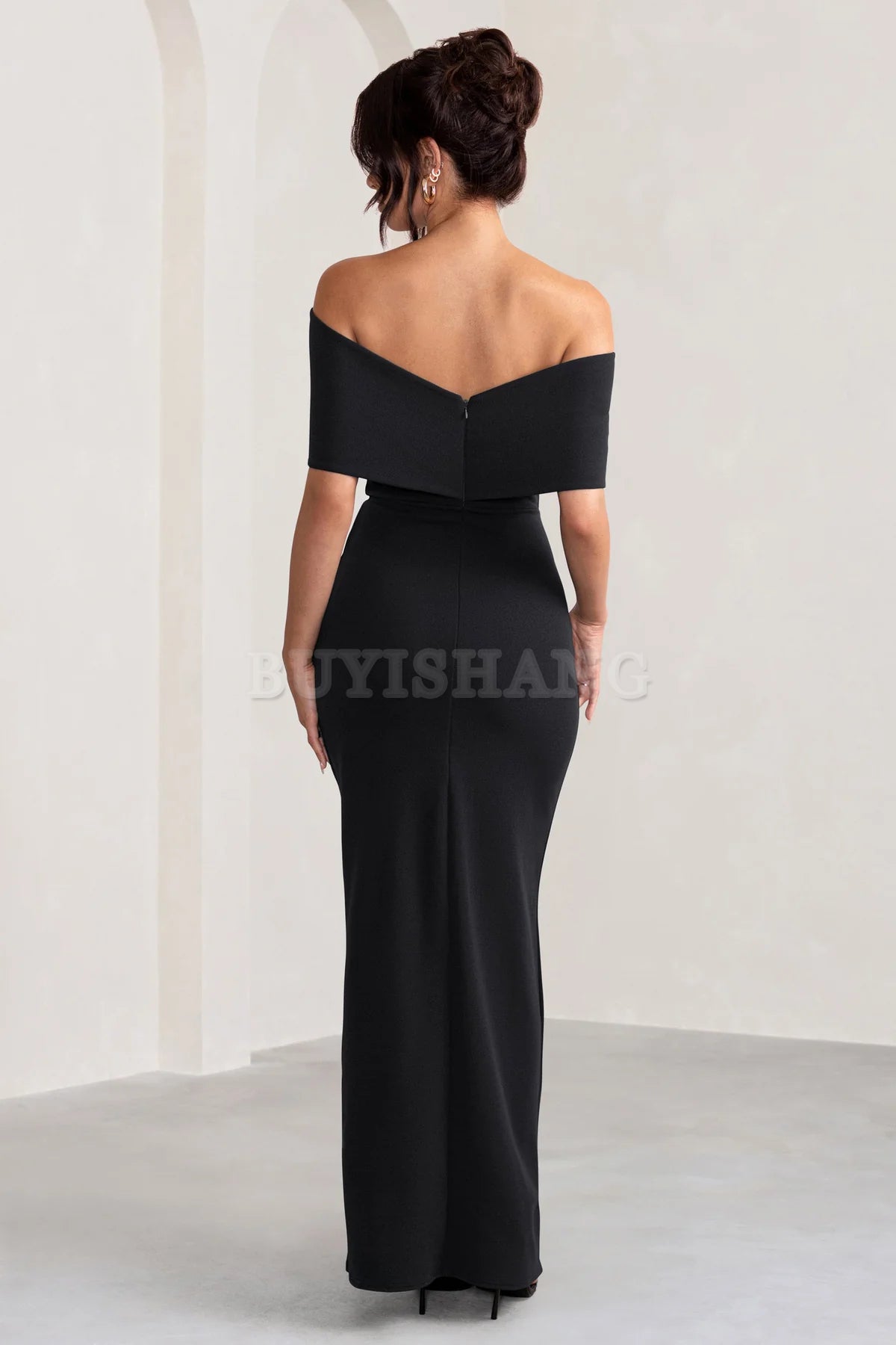 Buyishang Elegant Women Black And White Bardot Bow Detail Maxi Dress With Thigh Split formal wear dresses