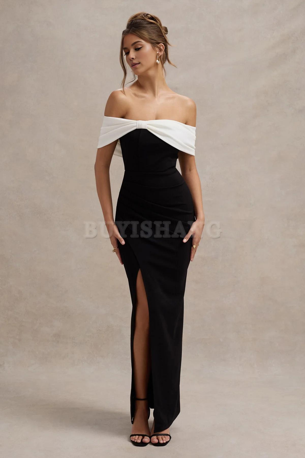 Buyishang Elegant Women Black And White Bardot Bow Detail Maxi Dress With Thigh Split formal wear dresses